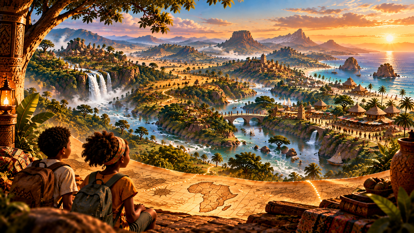 Two young explorers look out over a painted map of Africa toward rivers, waterfalls, villages and the sea at sunset.